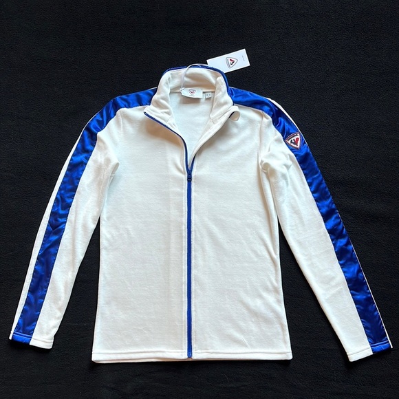 Rossignol White Velour & Blue Satin Stripe Zip Up Track Jacket Sweatshirt Medium - Picture 6 of 13